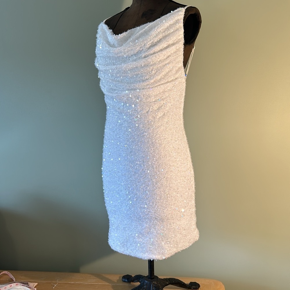 Miss Ord graduation dress white with sequins adjustable spaghetti strap summer